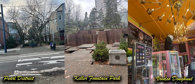 A picture of a Pearl District walkway between homes; a picture of Keller Fountain Park; a picture from inside Voodoo Doughnut