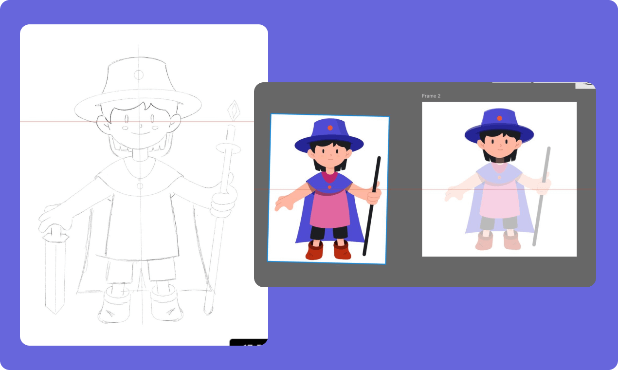 A pencil sketch of a court card figure beside two coloured versions of the same character. A pencil sketch of a court card figure beside two coloured versions of the same character.