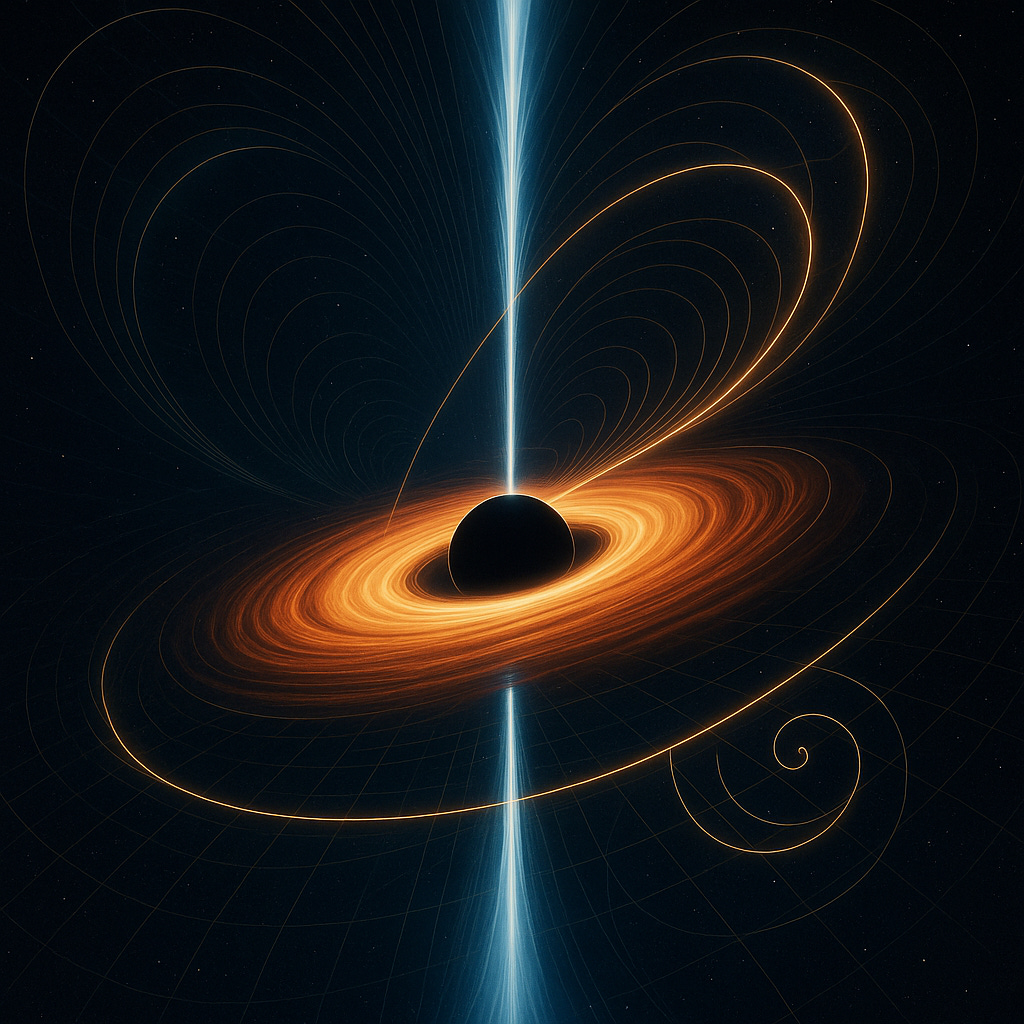 A black hole sits at the centre of a glowing vortex-like accretion disk with distinct, structured lanes of orange light. Blue-white relativistic jets shoot upward and downward from the poles. Elegant magnetic field lines arc around the black hole in rule-bound spirals, including a golden ratio–like curl on one side. The surrounding spacetime grid appears smoothly warped, emphasising the black hole as a structured filtration system rather than a chaotic sink.