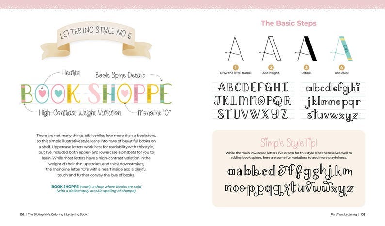 May include: A page from a lettering book features lettering style number 6. The word "BOOK SHOPPE" is displayed in colorful letters with heart accents. The page also includes uppercase and lowercase alphabets and instructions.