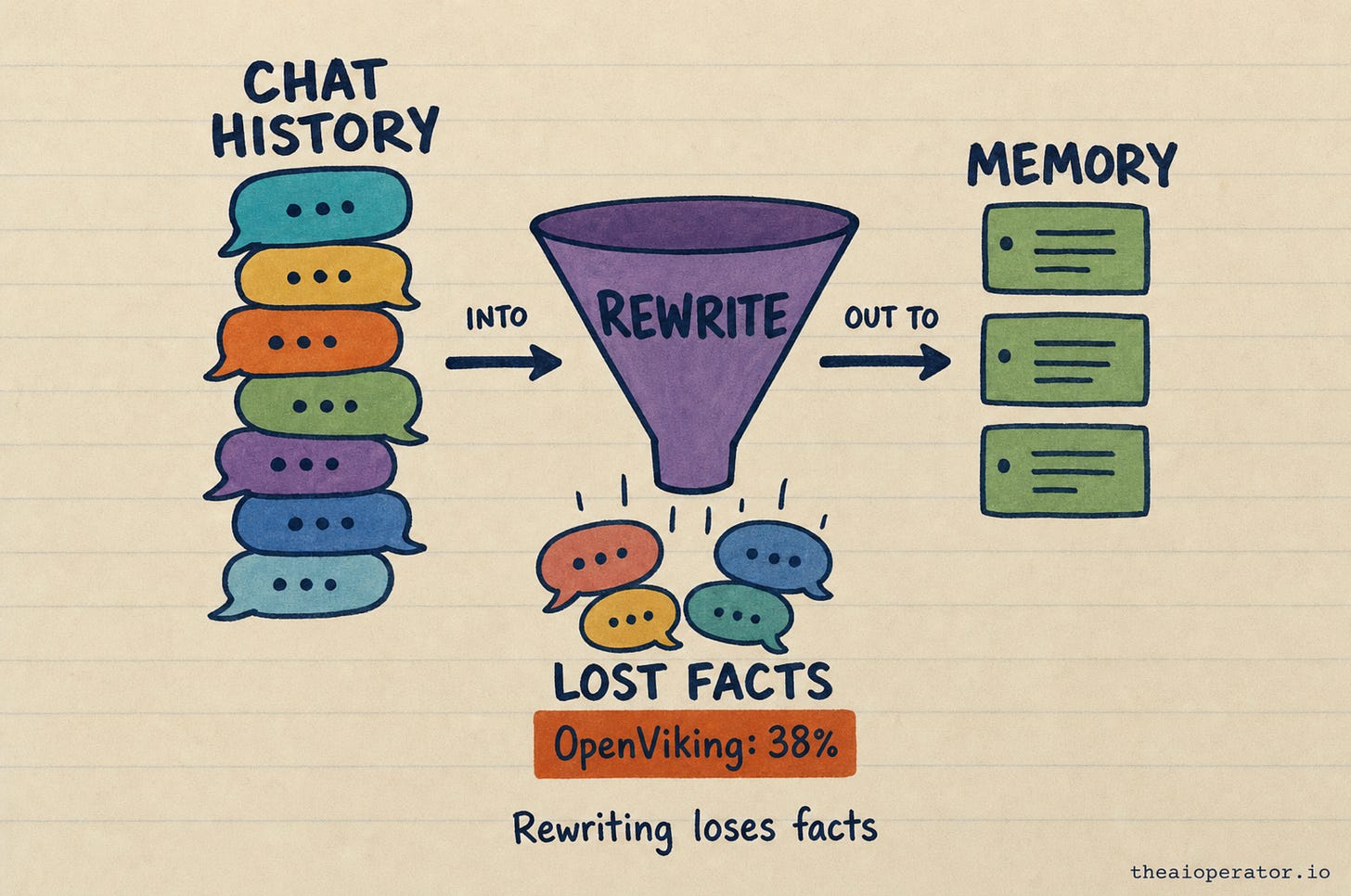 A stack of chat bubbles labeled chat history goes into a purple funnel labeled rewrite. Three green note cards labeled memory come out, while four chat bubbles fall below it, labeled lost facts, OpenViking: 38%. A stack of chat bubbles labeled chat history goes into a purple funnel labeled rewrite. Three green note cards labeled memory come out, while four chat bubbles fall below it, labeled lost facts, OpenViking: 38%.