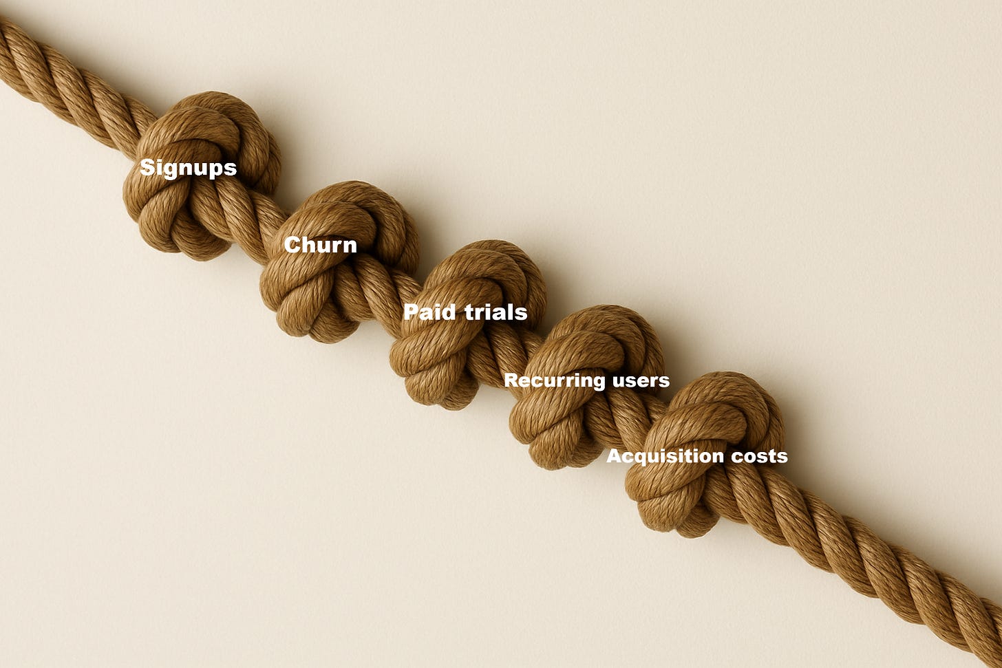 A thick rope tied with multiple knots, symbolizing interconnected SaaS metrics and how one constraint affects the entire system. A thick rope tied with multiple knots, symbolizing interconnected SaaS metrics and how one constraint affects the entire system.