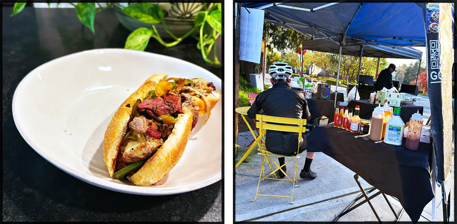 On the left: The sandwich. On the right: The grill where the food is made.
