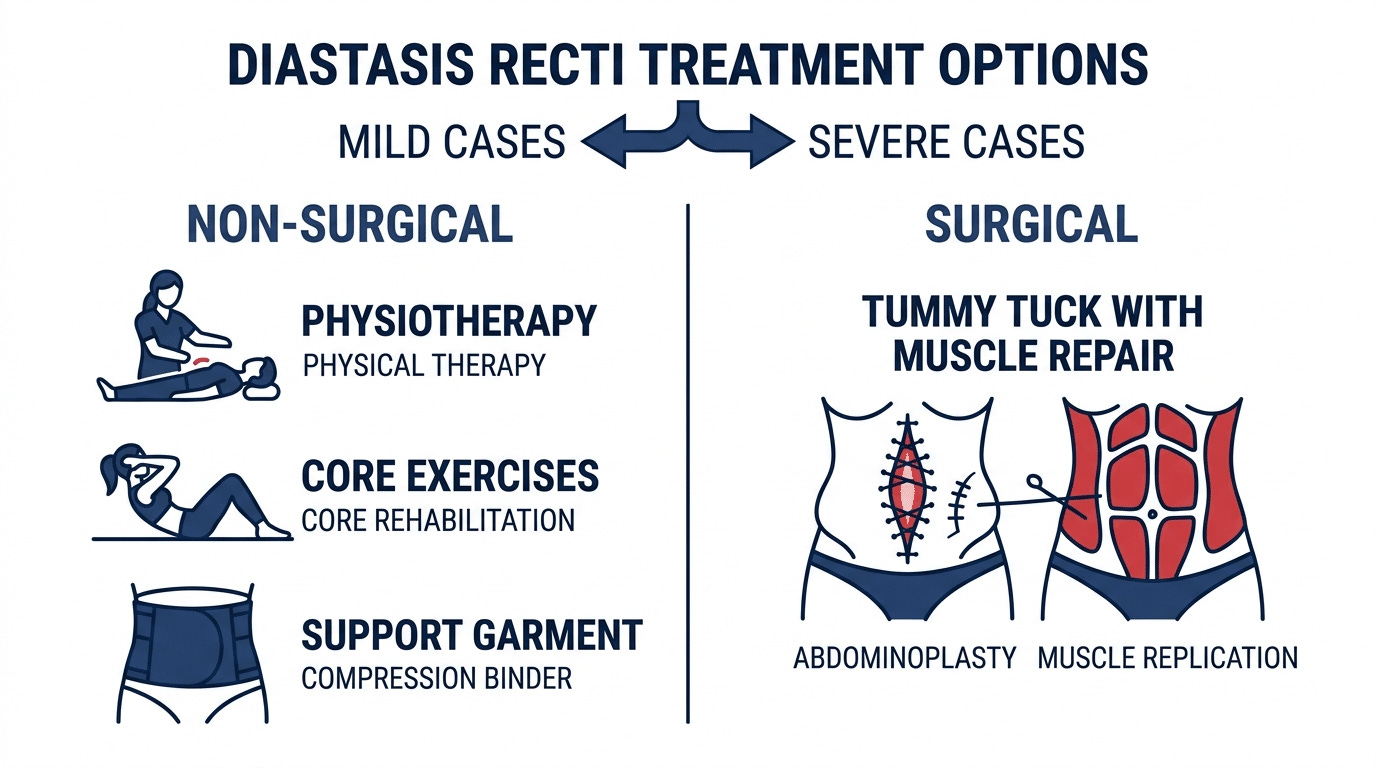 Medical comparison diagram showing non-surgical treatment options like physiotherapy and core exercises versus surgical tummy tuck with muscle repair for diastasis recti Medical comparison diagram showing non-surgical treatment options like physiotherapy and core exercises versus surgical tummy tuck with muscle repair for diastasis recti