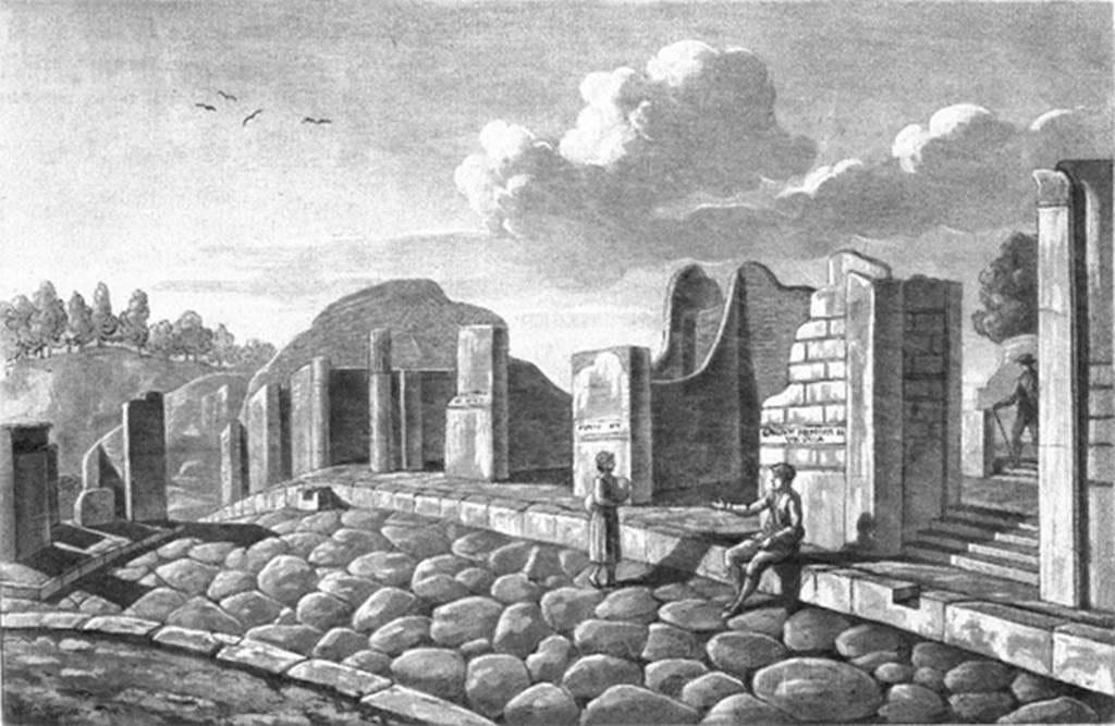 VI.17.36 Pompeii. 1819 drawing with title “Maison de Julius Polybius”.
VI.17.36 is on the left of centre of the drawing, with the step cut in the stone block in front of the kerb.
VI.17.32 is on the right, with the indentation in the kerb, and the steps up.
See Wilkins H, 1819. Suite de Vues Pittoresques des Ruines de Pompei, Rome, pl. XII.
According to Pagano –
VI.17.32 and 36. Casa di Giulio Polibio.
“Vi si ascende per due ingressi communicanti con due sale o vestibuli, che tengono le veci dell’atrio. Tutti e due i vestiboli mettono in un gran peristilio circondato da un portico d’ordine corinzio, e avente nel mezzo una fontana; sembra che le arcate del portico potessero chiudersi con trlai di vetro.”
(translation:
"Here, one ascends to two entrances communicating with two rooms or vestibules, which take the place of the atrium.
Both vestibules lead into a great peristyle surrounded by a Corinthian portico, and having a fountain in the middle; it seems that the arches of the portico could have been closed with glass frames."
See Pagano, N. (1868).Guida di Pompei. 2nd ed. (p.58-59).
