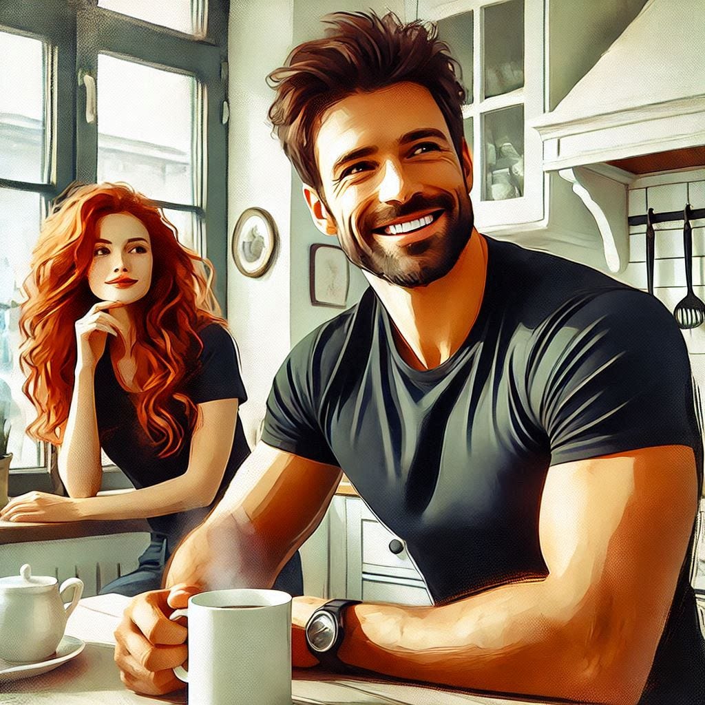 A handsome man in a black t-shirt smiles as he takes out the trash from the kitchen. His pretty red-haired wife sits at the table, sipping a mug of steaming coffee and looking out the window. Slight impressionist style.