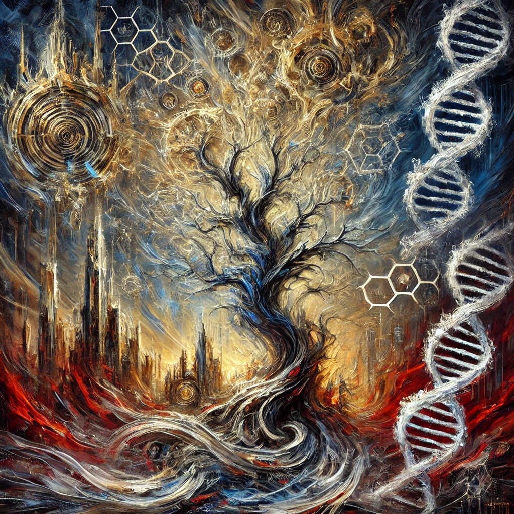 An abstract oil painting using thick, expressive brush strokes, representing the legacy of elite control through selective ideology. The canvas shows twisting golden and blue veins coiling through a darkened background, forming distorted crowns and spiraling DNA shapes. Faded symbols of power—ancient thrones, corporate skyscrapers, and old manuscripts—dissolve into chaotic brush textures. In the center, a barren tree with roots in fractured stone reaches upward, tangled in red and silver lines suggesting control systems. The palette blends fiery reds, icy blues, and deep blacks, evoking themes of secrecy, manipulation, and the passage of hidden power through generations. The mood is haunting and contemplative.
