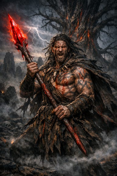 Berserker with the Blood Spear of Kavan — a towering druid warrior covered in blood and ash, muscles corded beneath ritual tattoos. He stands in the storm‑lit grove of Yester Hill, gripping a crimson‑glowing spear carved from ancient wood. The weapon’s blade pulses like a living heart. His eyes burn with fury, hair wild, cloak torn by wind. Mist coils around his feet, lightning flashes overhead, and the Gulthias Tree looms behind him.