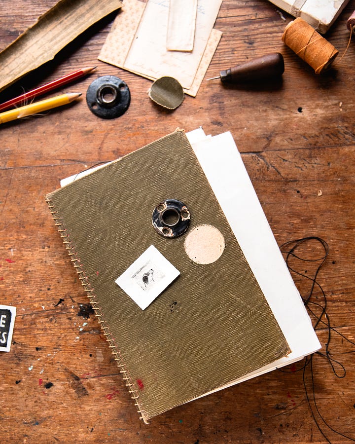 Bookbinding journal art sketch book with antique materials and drawings