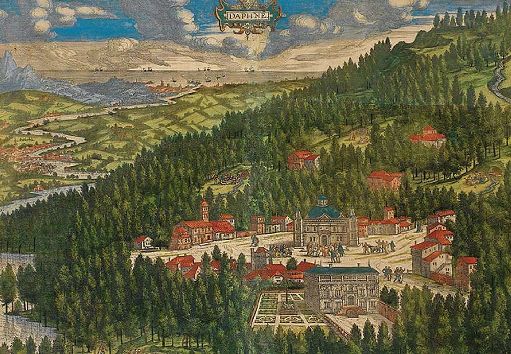 Early-modern painting of the Grove of Daphne near ancient Antioch, showing wooded hills, villas, and crowds. Early-modern painting of the Grove of Daphne near ancient Antioch, showing wooded hills, villas, and crowds.