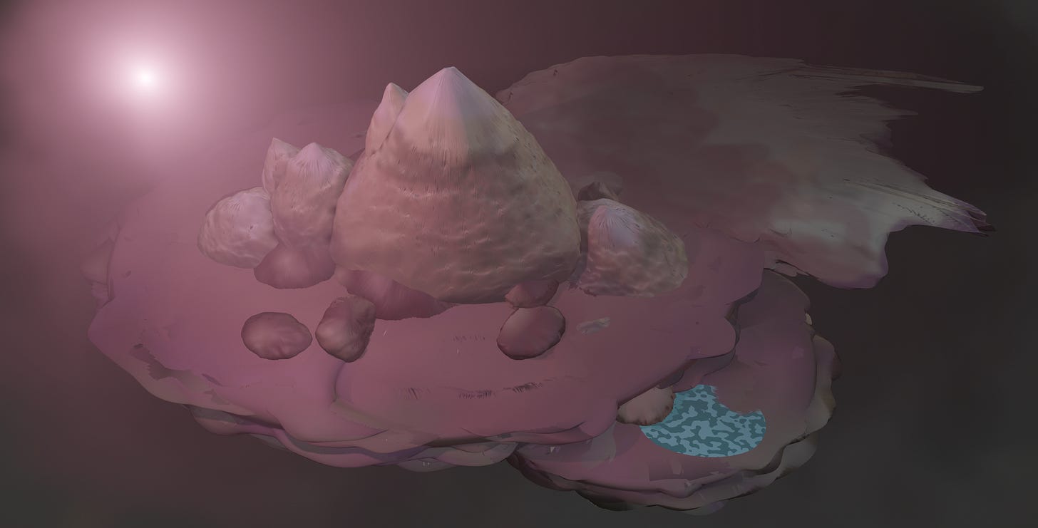 a second image of a floating island, with mountains in the centre, a small lake and a misty pink light overhead.