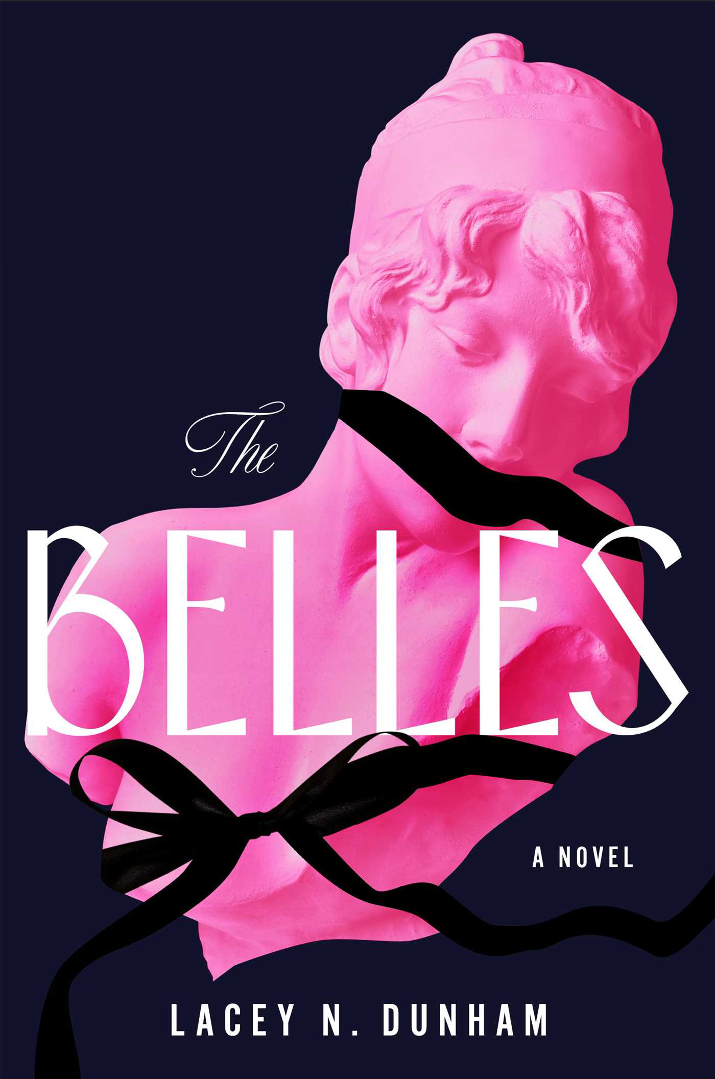 A pink classic-style statue bust against a deep navy background has a black ribbon winding across her lips A pink classic-style statue bust against a deep navy background has a black ribbon winding across her lips