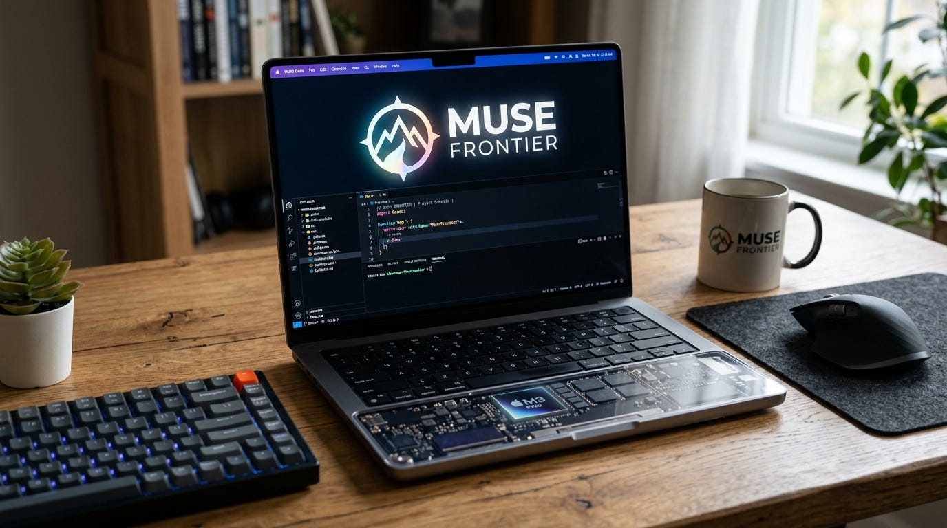 Hình ảnh một chiếc MacBook Pro đang mở trên bàn, hiển thị logo "MUSE FRONTIER" và mã nguồn trên màn hình, với chip Apple silicon được làm nổi bật bên trong máy.