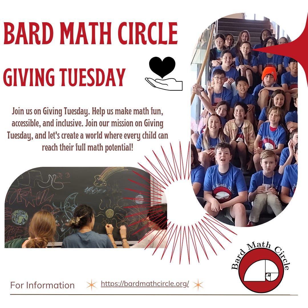 Images from the Bard Math Circle CAMP. Children doing math on the chalkboard and a group photo of CAMP students experiencing joyful mathematics.