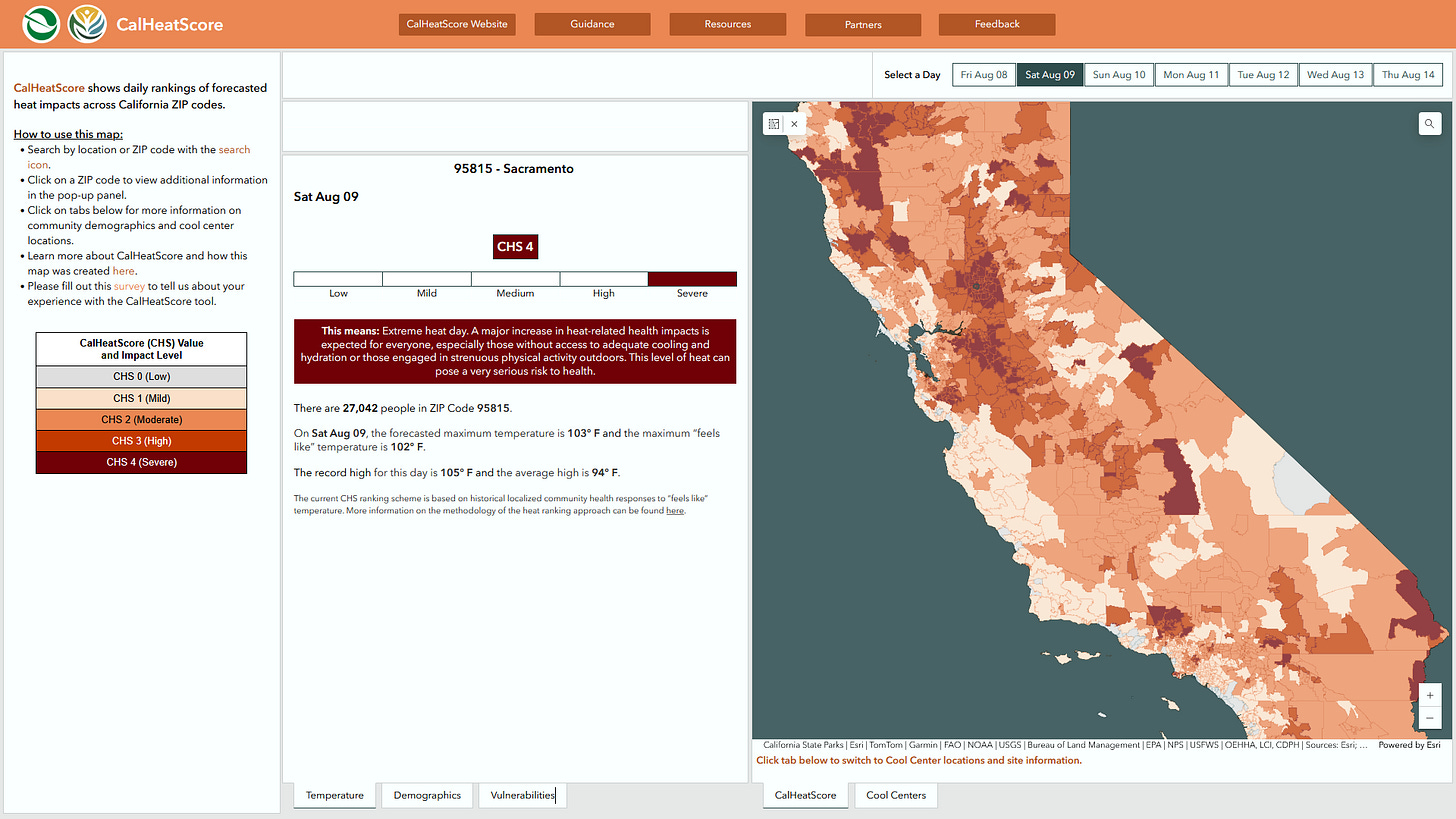 Screenshot of the CalHeatScore mapping tool on August 9, 2025
