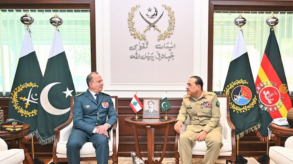 Pakistan's Army Chief and Field Marshal Syed Asim Munir speaking with General Rodolphe Haykal, Commander-in-Chief of the Lebanese Army, during their meeting in Rawalpindi on June 9, 2026. (X/@zarrar_11PK)