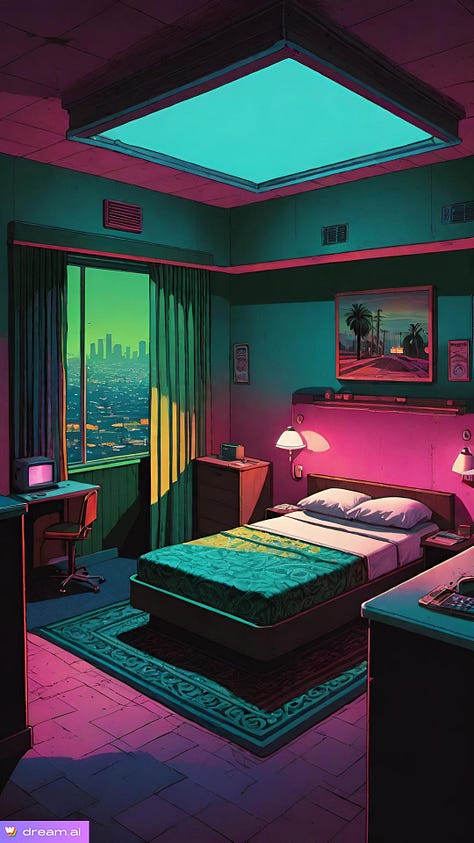 Cheap old motel rooms with bad lighting in Los Angeles