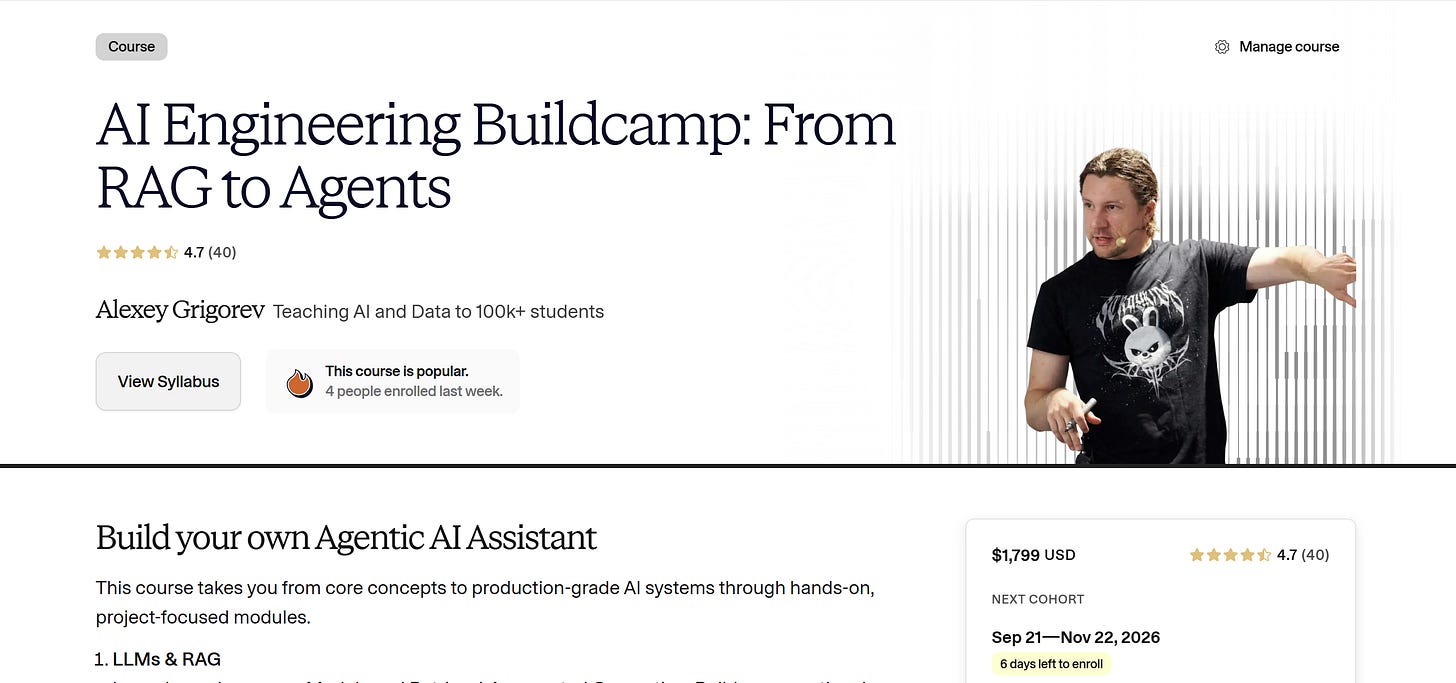 AI Engineering Buildcamp course page showing 4.7 rating and Sep 21 to Nov 22 cohort dates