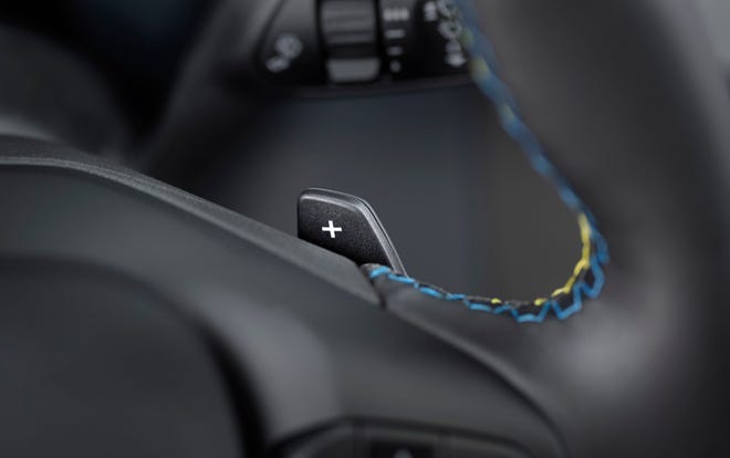 Stitching in the 2024 Ford Maverick Lobo on the steering wheel was among many details designed by Kristen Keenan. Stitching in the 2024 Ford Maverick Lobo on the steering wheel was among many details designed by Kristen Keenan.