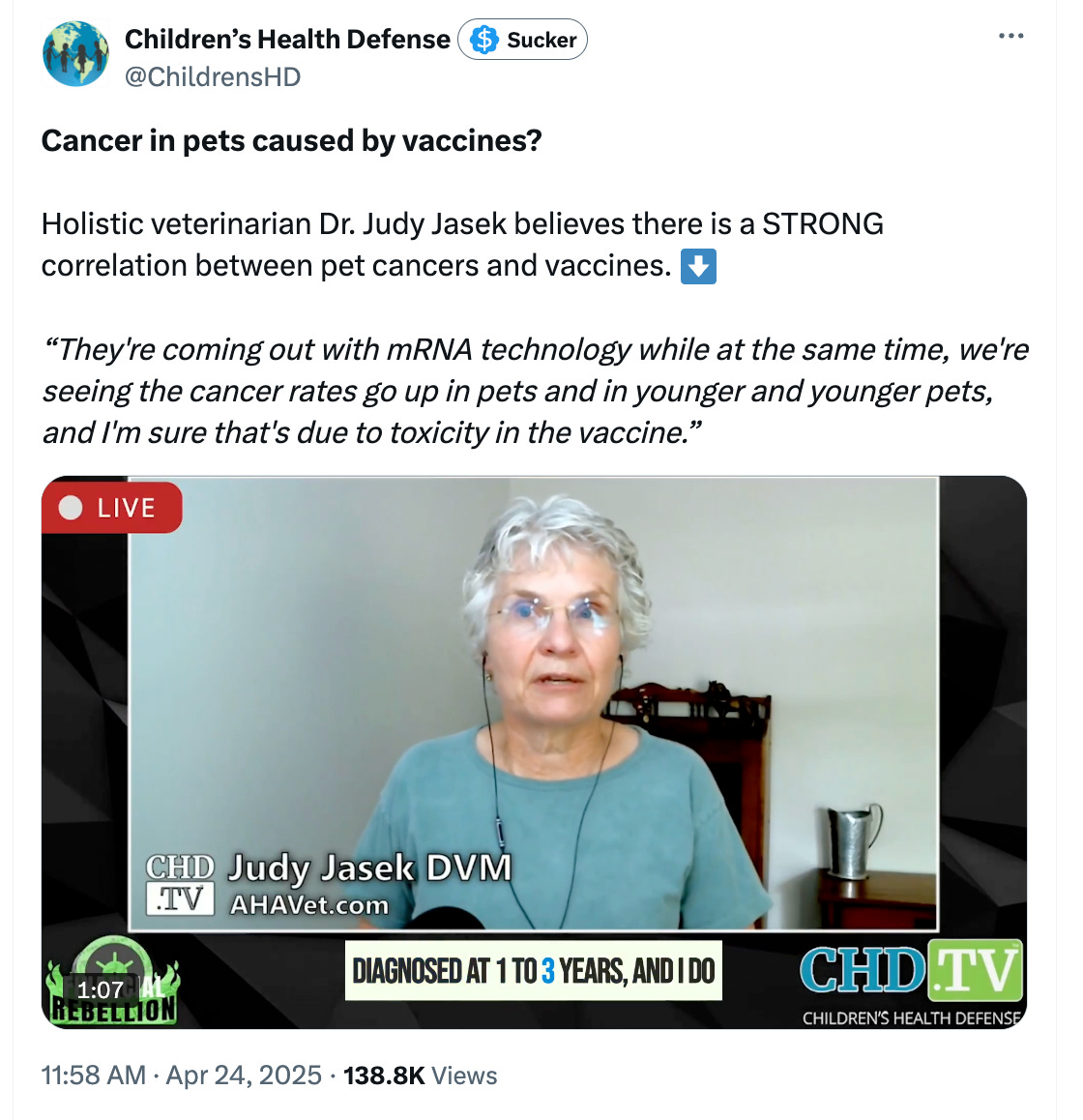 Cancer in pets caused by vaccines?  Holistic veterinarian Dr. Judy Jasek believes there is a STRONG correlation between pet cancers and vaccines. ⬇️  “They're coming out with mRNA technology while at the same time, we're seeing the cancer rates go up in pets and in younger and younger pets, and I'm sure that's due to toxicity in the vaccine.”