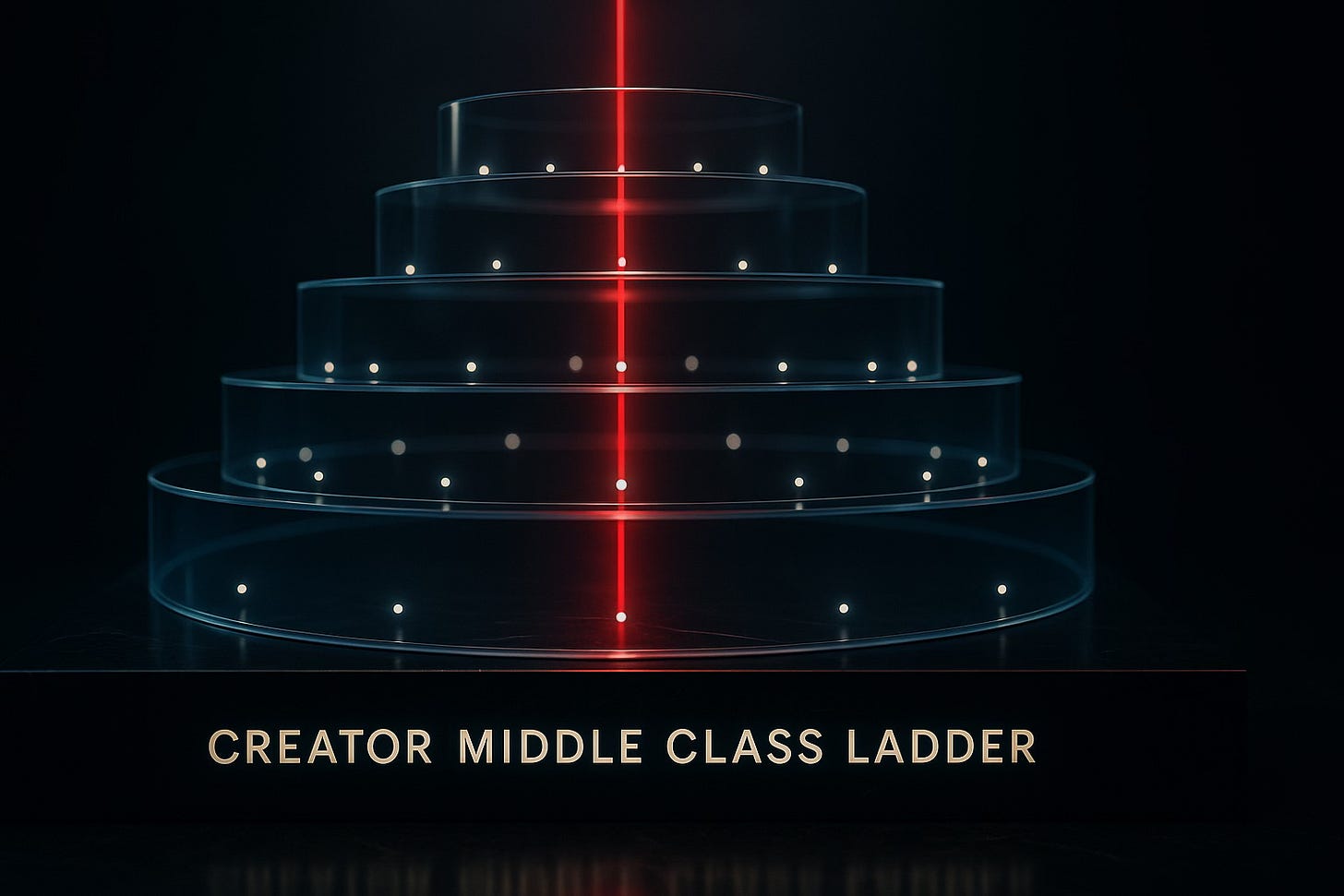 Tiered circular platform labeled "Creator Middle Class Ladder" with glowing nodes and a central red alignment beam. Tiered circular platform labeled "Creator Middle Class Ladder" with glowing nodes and a central red alignment beam.