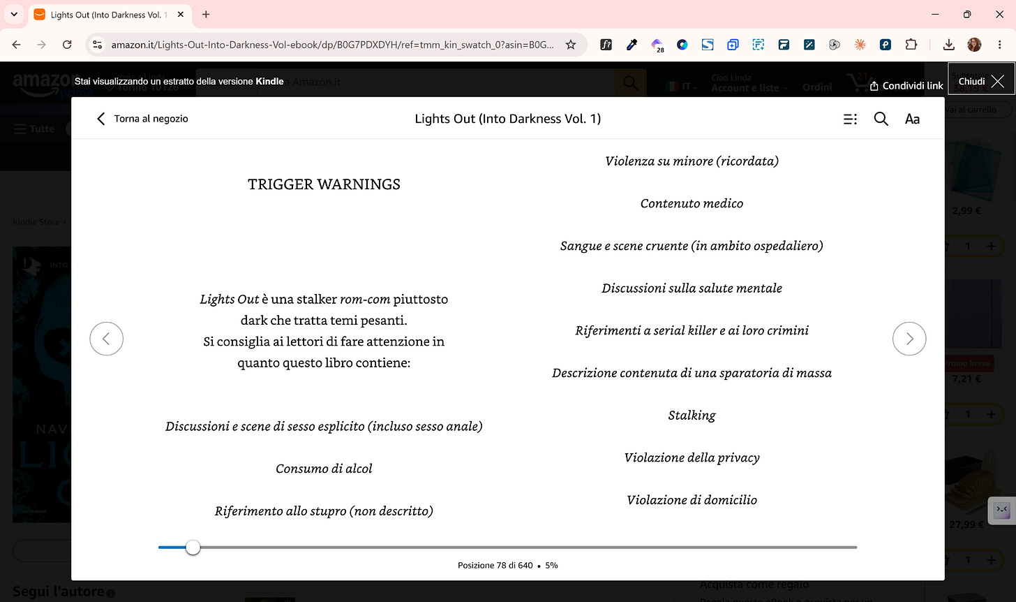 estratto kindle con trigger warnings di lights out, amazon