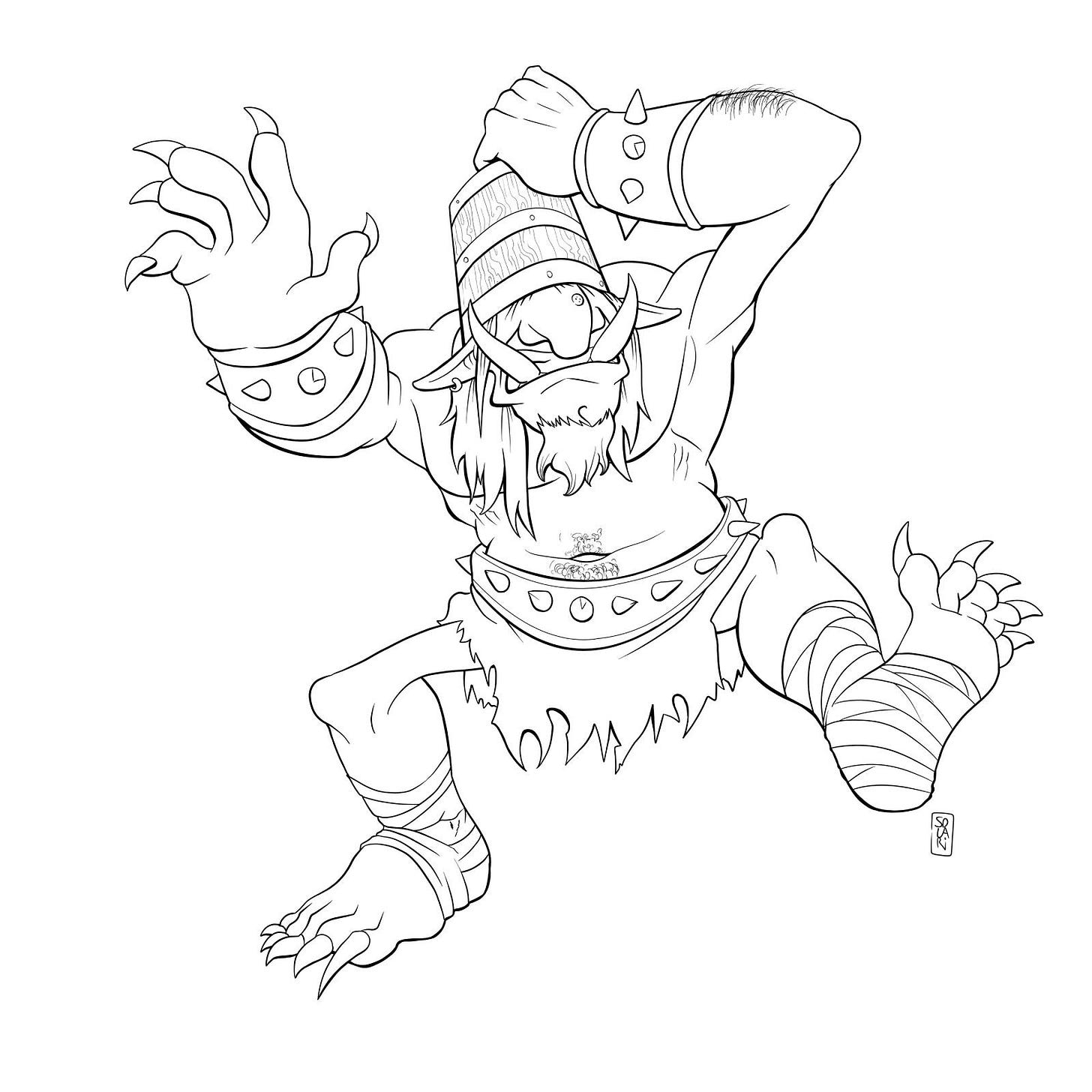 Black-and-white fantasy illustration of a muscular troll-like creature in an action pose. It has large claws, tusks, and a scruffy beard, wearing spiked armbands, a tattered loincloth, and a metal bucket as a helmet.