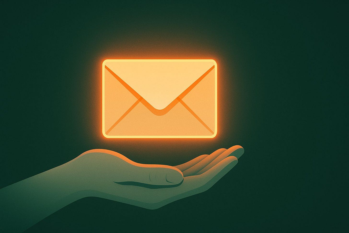 A softly glowing envelope rests on an open hand against a deep green background, symbolizing trust and connection in digital communication.