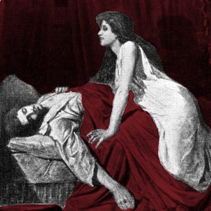 a black, white and red picture of a woman crouching over a sleeping man a black, white and red picture of a woman crouching over a sleeping man