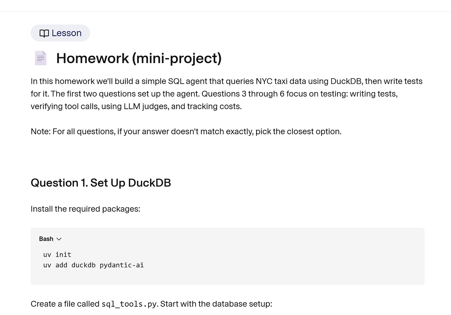 Homework mini-project building a SQL agent over NYC taxi data with tests and LLM judges