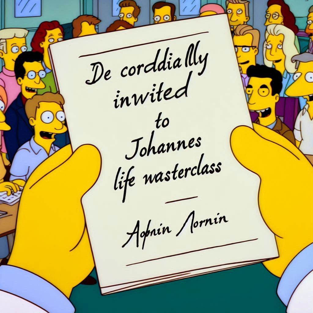 on offwhite invitation saying, "You are cordially invited to Johanne's Life Writing Masterclass" in the style of the simpsons