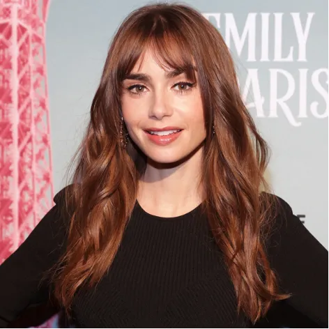 Two side by side gallery images of Emily Cooper, Lily Collins' charachter from Emily In Paris. The first from Season 1 the second is Season 5 and they show the difference in her hair make and makeup look.