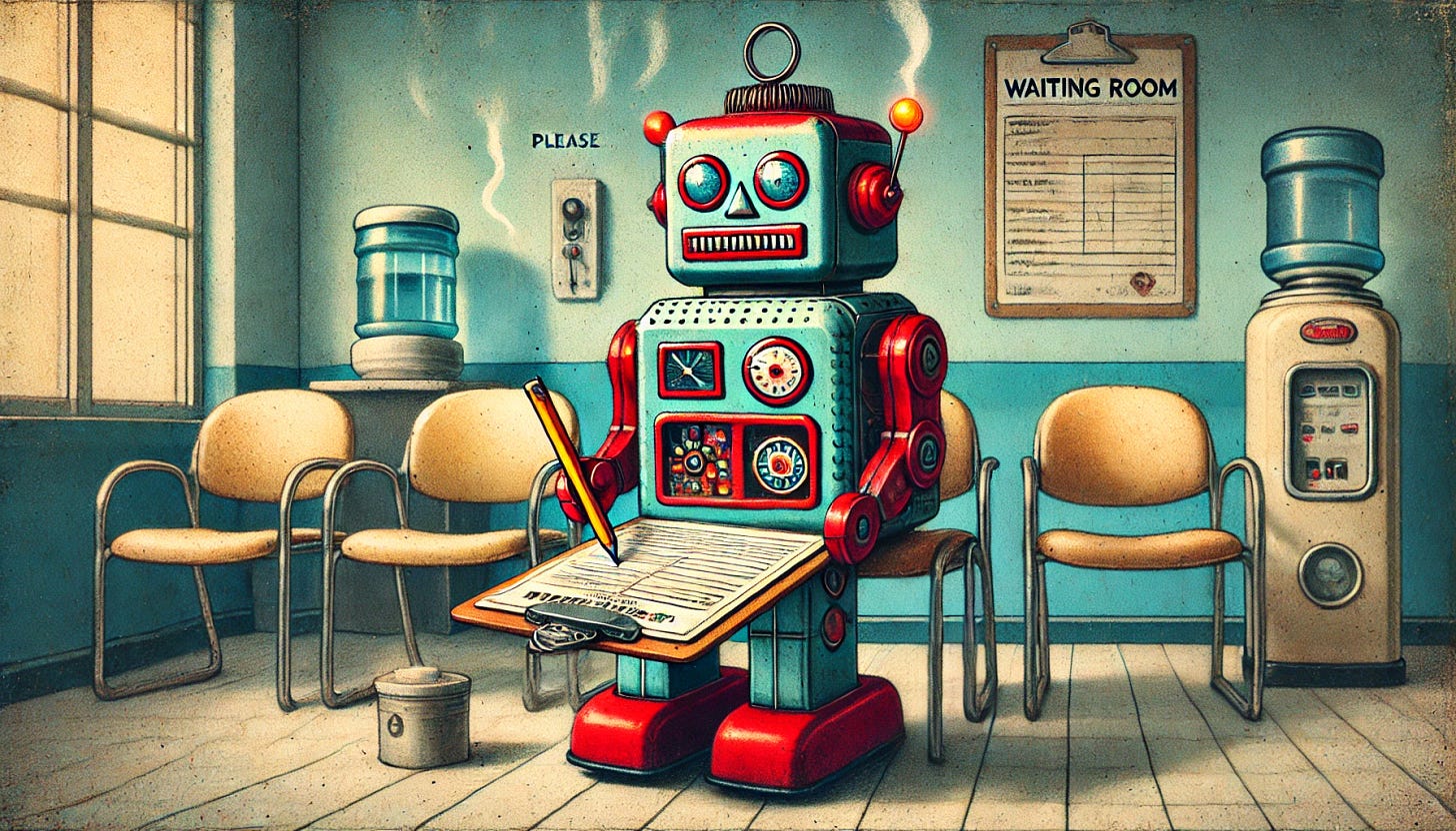 A retro-style, wide-aspect acrylic painting with the texture of colored pencil sketches, depicting a vintage toy robot sitting in a waiting room filling out a paper form on a clipboard. The robot has rounded edges, visible gears, a wind-up key on its back, and small blinking indicator lights, designed with a classic 1950s tin toy aesthetic. The setting is a sterile waiting room with a few empty chairs, a water cooler, and outdated magazines on a side table. The room is in muted blues and beiges, while the robot is in bright red and silver metallic tones, creating a striking contrast. The robot is hunched forward, holding a comically small pencil in its mechanical pincer hand, carefully filling out a complex multi-page form that's too small for its bulky fingers. A tiny wisp of smoke rises from the robot's head, suggesting frustration or processing difficulty. A small sign on the wall reads "PLEASE COMPLETE ALL FIELDS." The overall tone is gently satirical and endearing, blending humor with a commentary on bureaucracy. The background is minimal to keep focus on the robot and its task.