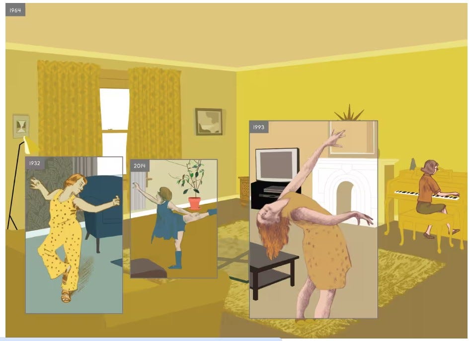 A page from Richard McGuire’s expanded 2014 version of his graphic novel, 'Here', showing multiple time periods all within the same frame. 