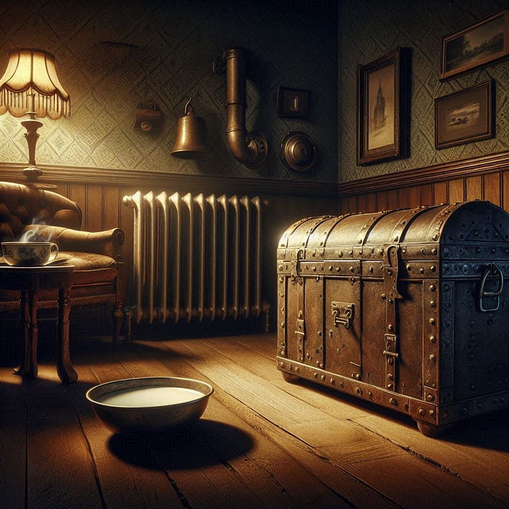 Vintage-style bedrooms featuring elements such as iron beds, wooden furniture including chairs, tables, and ornate chests with intricate detailing. The rooms are decorated with various items like clocks, framed art, and classic radiator heaters. The rooms have patterned wallpaper and are lit by natural light from windows with lace curtains or lamps casting a warm glow, creating a cozy and atmospheric ambiance.