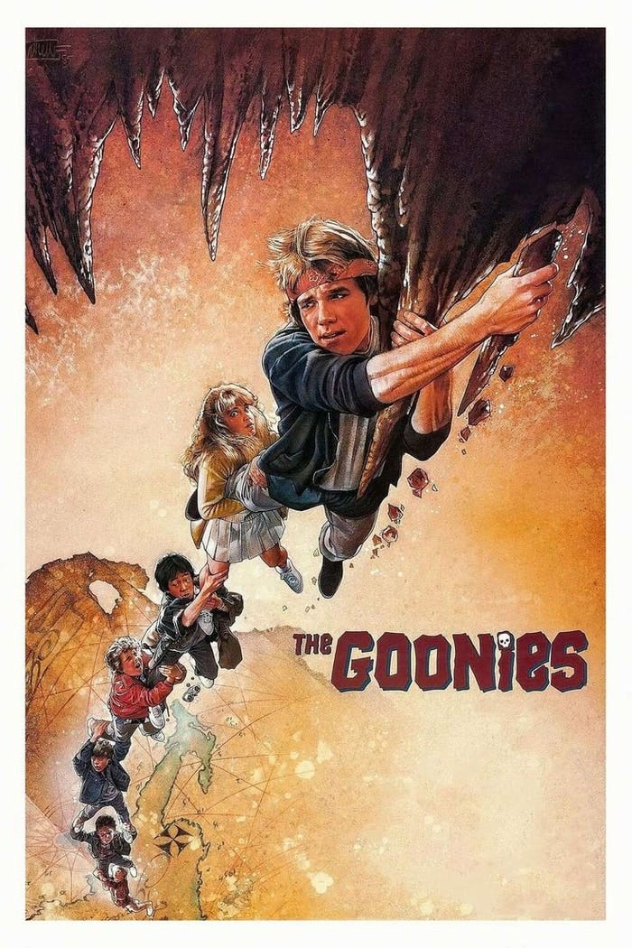 Film posts from the Goonies, showing the kids dangling from a stalactite