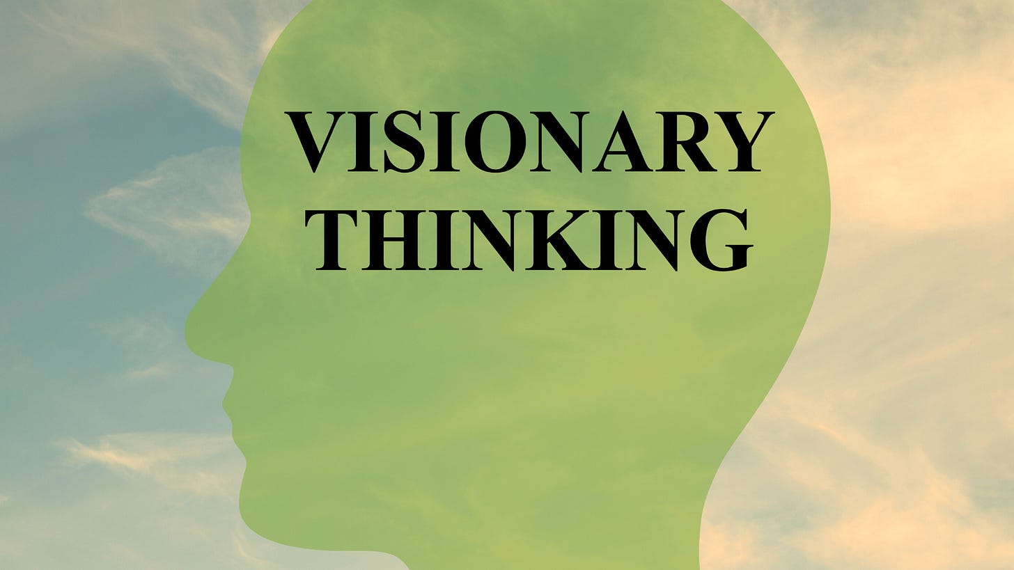 Silhouette of a head with ‘Visionary Thinking’ text, symbolizing visionary leadership and the power to inspire growth and innovation. Article about leadership mastery and simplicity in guiding teams.