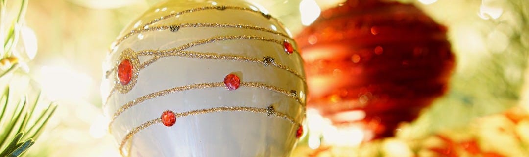 gray and red baubles