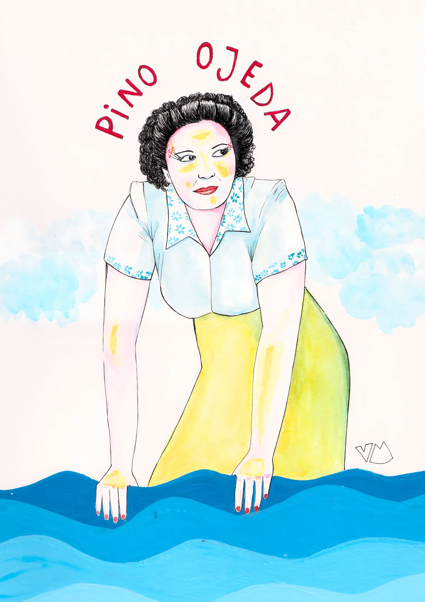 Ilustración personalizada de Pino Ojeda. Se puede leer su nombre y ver la figura de Pino sobre el mar.