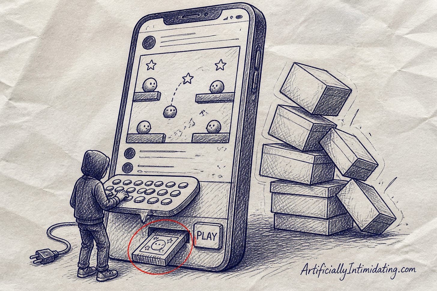 A hand-drawn illustration of a giant smartphone built like an arcade cabinet, a person typing on its keyboard as a game cartridge pops out, with a stack of game-engine boxes toppling behind it.