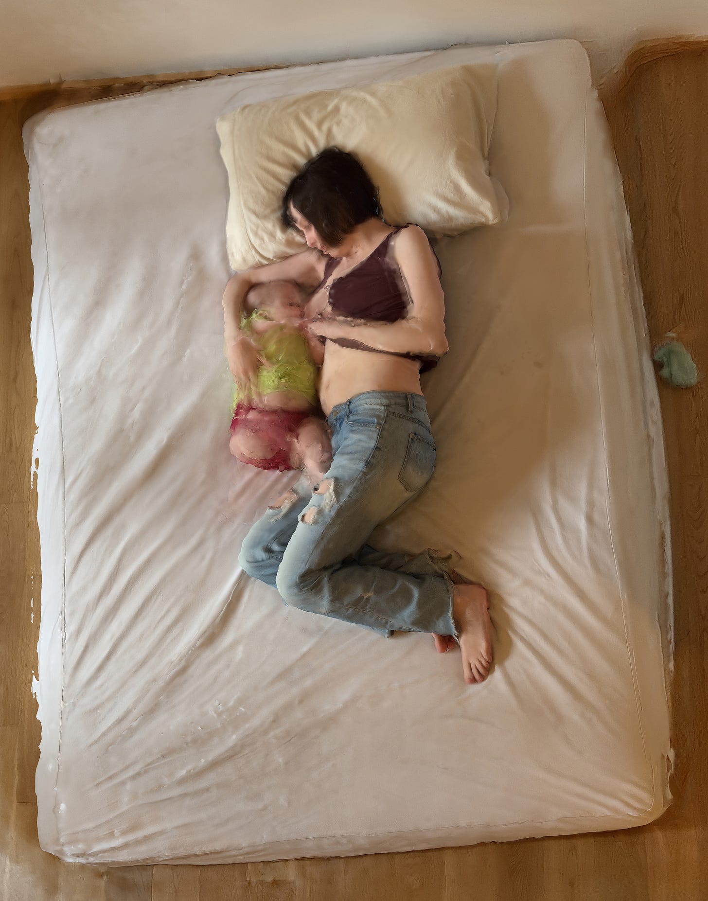 Self-Portrait/Nursing in Bed ID: Olivia and her baby nurse in a side-lying position on a bare mattress on the bedroom floor. She cradles her nursing baby close to her chest. Olivia is white and has short brown hair with bangs. She wears a burgundy top and ripped light blue jeans. The baby, dressed in a green and red outfit, nestles against her body in a moment of quiet tenderness. The room is sparse, with wooden flooring and soft, natural lighting that gives the scene an intimate, vulnerable feel.