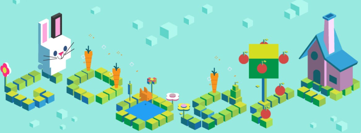 A colorful isometric illustration featuring a Google-inspired garden with a bunny, carrots, apples, and a birdhouse.