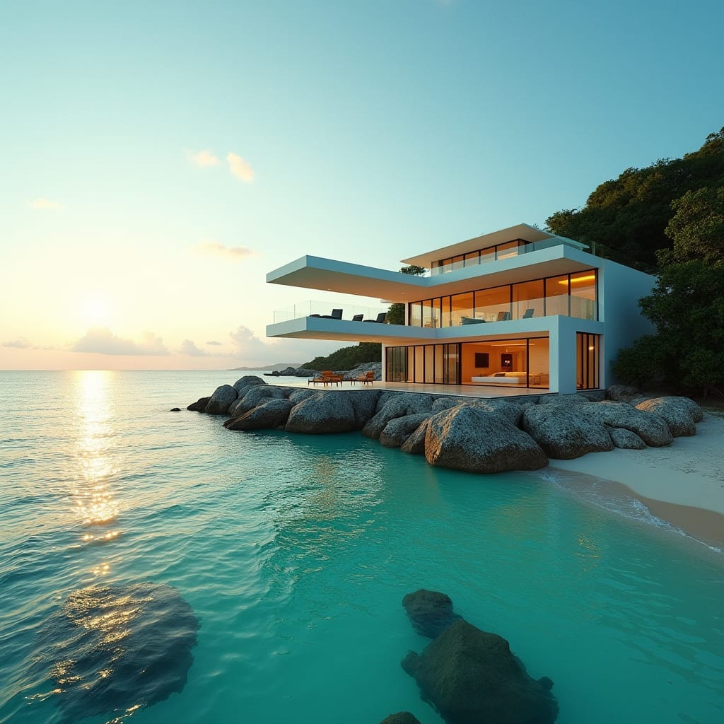 Magnificent modern Jamaican villa with expansive windows, cantilevered platforms, and dramatic protuberances, set directly on the pristine beach in Montego Bay, coast, with turquoise Caribbean waters stretching to the horizon.