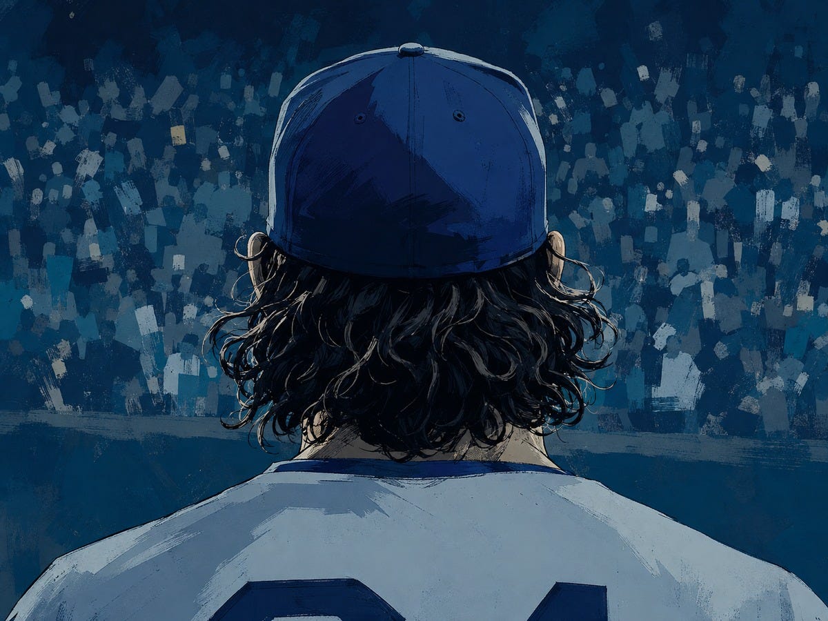 Graphic novel-style illustration from behind of Dylan Cease on the mound, framed from the shoulders up. His long dark hair spills from beneath a blue baseball cap as he faces the catcher, with only the top of his number 84 visible on his jersey. An abstract stadium crowd fills the background in layered shades of deep blue and muted teal. Graphic novel-style illustration from behind of Dylan Cease on the mound, framed from the shoulders up. His long dark hair spills from beneath a blue baseball cap as he faces the catcher, with only the top of his number 84 visible on his jersey. An abstract stadium crowd fills the background in layered shades of deep blue and muted teal.