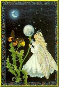 This may contain: a fairy holding a dandelion in front of a full moon and stars filled sky
