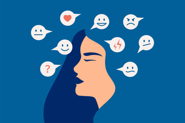 Mood swing concept. Many emotions surround young female with Bipolar disorder. Woman suffers from hormonal with a change in mood. Mood swing concept. Many emotions surround young female with Bipolar disorder. Woman suffers from hormonal with a change in mood. Mental health vector illustration hormone imbalance stock illustrations