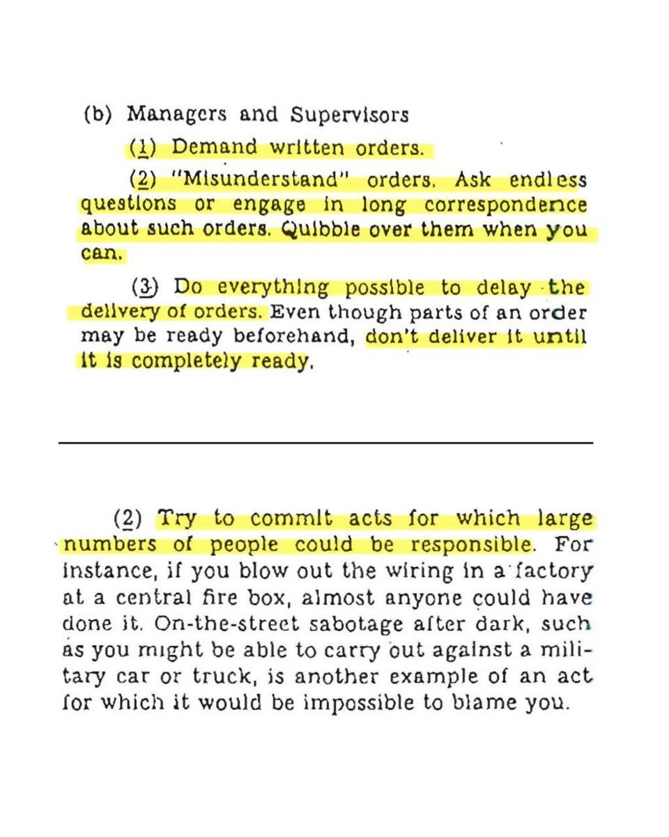 A document page with numbered lists and text. The text includes "Managers and Supervisors" and instructions like "Demand written orders," "Do everything possible to delay the delivery of orders," and "Try to commit acts for which large numbers of people could be responsible."