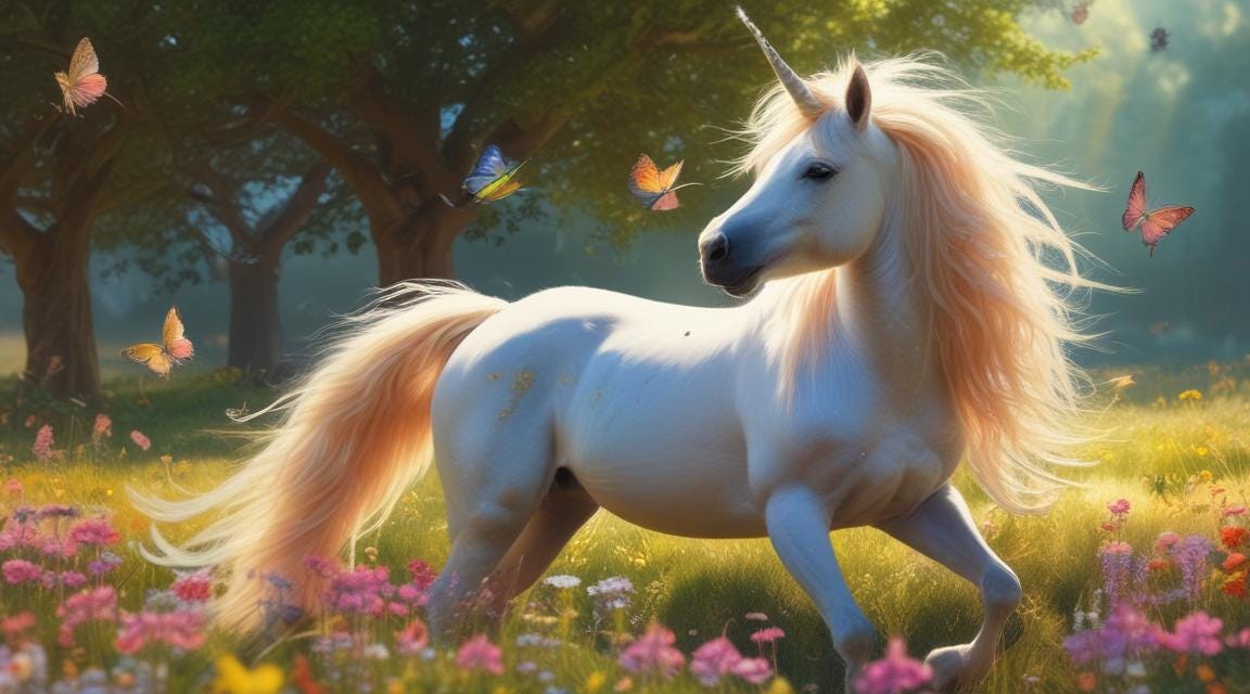 Unicorn pony and butterflies playing in a sunny meadow