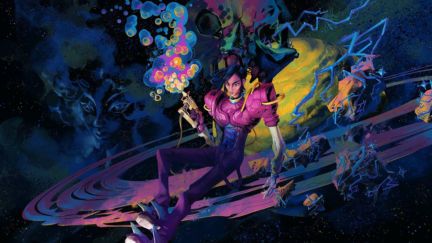 A woman in a spacesuit holding some kind of gun blowing bubbles is floating in front of Saturn in key art for Ambrosia Sky.