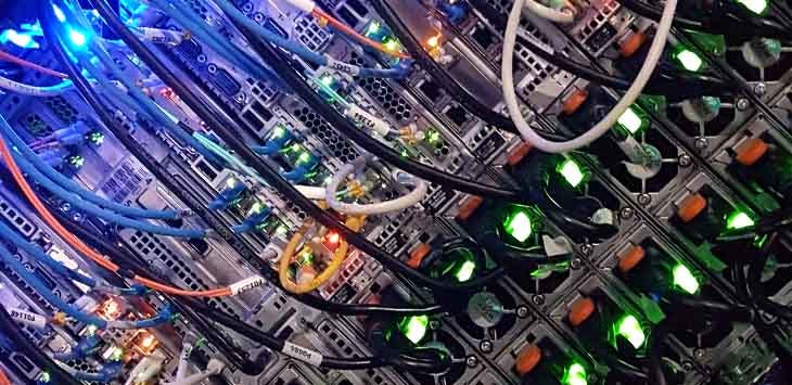 Photo of cable connections behind server blades.